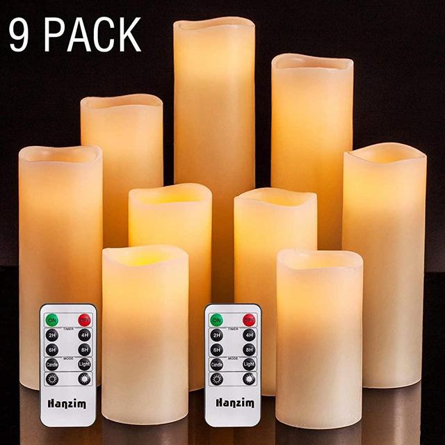 HANZIM Flameless Candles Battery Operated Candles 4" 5" 6" 7" 8" 9" Set of 9 Ivory Real Wax Pillar LED Candles with 10-Key Remote and Cycling 24 Hours Timer (Ivory 9 Pack)
