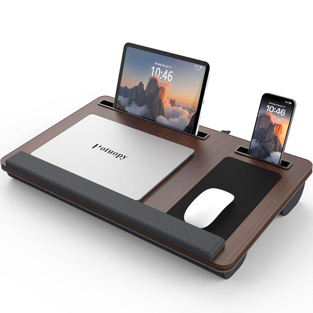 Potuopy Lap Desk - Up to 17” Laptop Tray with Wrist Rest, Portable Handle, Fixed Mouse Pad, Tablet & Phone Slots, Laptop Lap Desk with Cushion (Dark Brown)