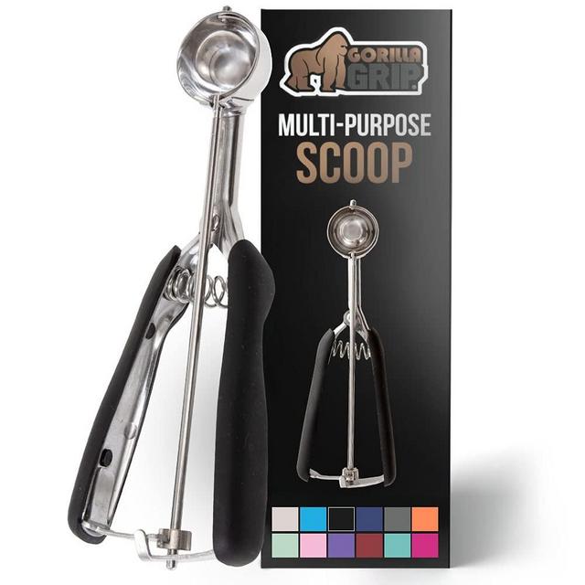 Gorilla Grip Premium Stainless Steel, Spring-Loaded Scoop for Fruit, Cookie and Ice Cream, Easy Squeeze and Clean Release, Comfortable Handle, Small, 1 TBSP Scooper Size 60, Uniform Portions, Black