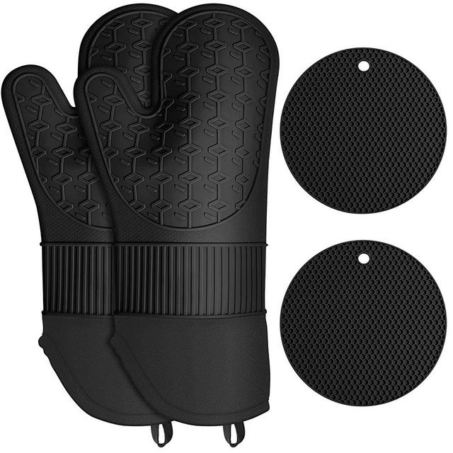 Oven Mitts and Pot Holders Kitchen: 550℉ Heat Resistant Silicone Oven Gloves with Pot Holders Set - Extra Long Quilted Oven Mitt and Large Hot Pads Set Washable Mittens for Kitchen Cooking Baking