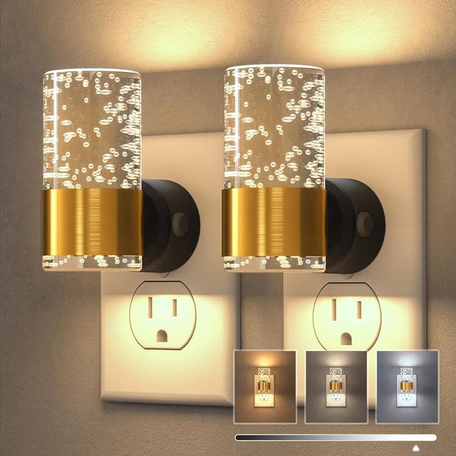 NIORSUN Night Light Plug into Wall, Dimmable Nights Lights with 3 CCT & 5 Brightness Levels, Slim Acrylic Plug in Night Light, Auto Dusk to Dawn Sensor for Stairs, Hallway, Bathroom, Gold, 2 Pack