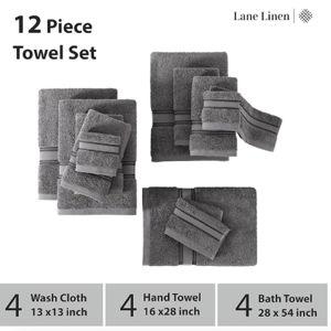 LANE LINEN Towel Set of 12 – 100% Mercerized Cotton, Zero Twist, 4 Large Bath Towel, 4 Hand Towels & 4 Wash Cloths, Quick Dry & Long-Lasting, Perfect for Family Bathrooms, Easy Care – Cool Grey