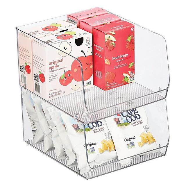 mDesign Wide Stackable Plastic Food Storage Organizer Bin Basket with Open Front for Household Kitchen Cabinets, Pantry, Offices, Closets, Bedrooms, Bathrooms - 10.2" Wide, 2 Pack - Clear