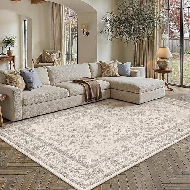 PureCozy 5x7 Area Rug Beige Washable Vintage Carpet Living Room Bedroom Non Slip Stain Soft Resistant Low Pile Thin Boho Accent Indoor Throw Rug for Dining Room Office