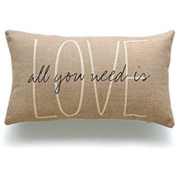 Hofdeco Decorative Lumbar Pillow Cover HEAVY WEIGHT Cotton Linen His and Her Tan Love Is All You Need Script 12"x20" 30cm x 50cm