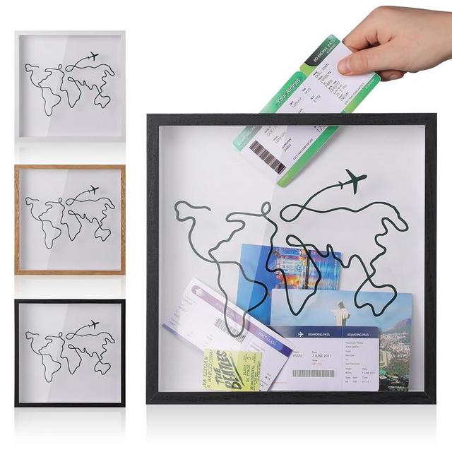 MUXIUNT Travel Adventure Archive Shadow Box For Memories,8&12Inch Concert Travel Ticket Stub Memory Top Loading Shadow Keepsake Box With Slot On Top,life In a Shadow Box Travel Gift Frame (Black, 8x8)