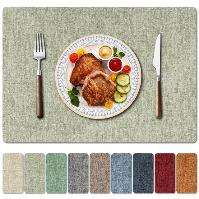 Enaskv Faux Leather Heat Resistant Spring Placemats Set of 4 – Waterproof Oilproof Wipeable Dining PU Place Mat Easy Clean Table Mats for Kitchen/Dining/Party/Holiday, Grass Green
