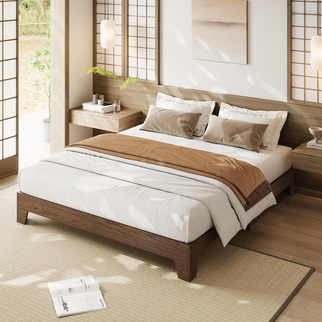 Wood Platform Bed Frame with Slat Support, No Box Spring Needed, Minimalist Design in Multiple Sizes and Wood Finishes - King Walnut