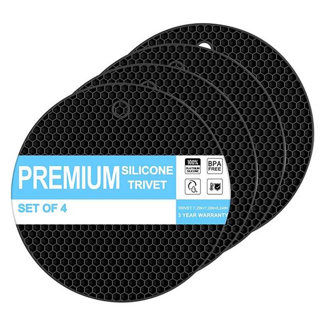 Premium Silicone Trivets for Hot Pots and Pans, Flexible Multipurpose Hot Pads Pot Holders, Heat Resistant Trivets for Hot Dishes, Soft Non-Slip Silicone Mat for Kitchen Counter, 4PCS (Black)