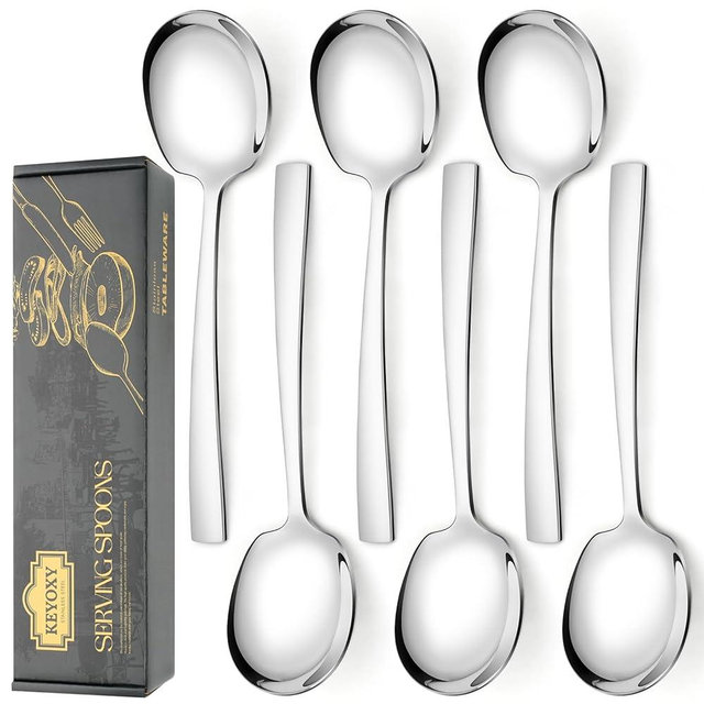 Keyoxy 6 Piece Stainless Steel Serving Spoons Set - 6 Large Spoons, 9.2-Inch, Dishwasher Safe, for Parties/Kitchen/Buffet/Catering