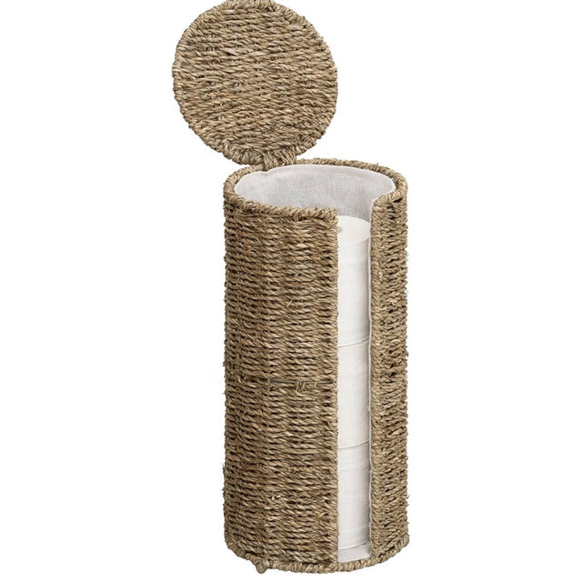 StorageWorks Seagrass Free Standing Toilet Paper Holder Stand for Bathroom, 3 Rolls of Toilet Tissue Storage with a Built-in Cloth Lining, Toilet Roll Holder Stand with Lid