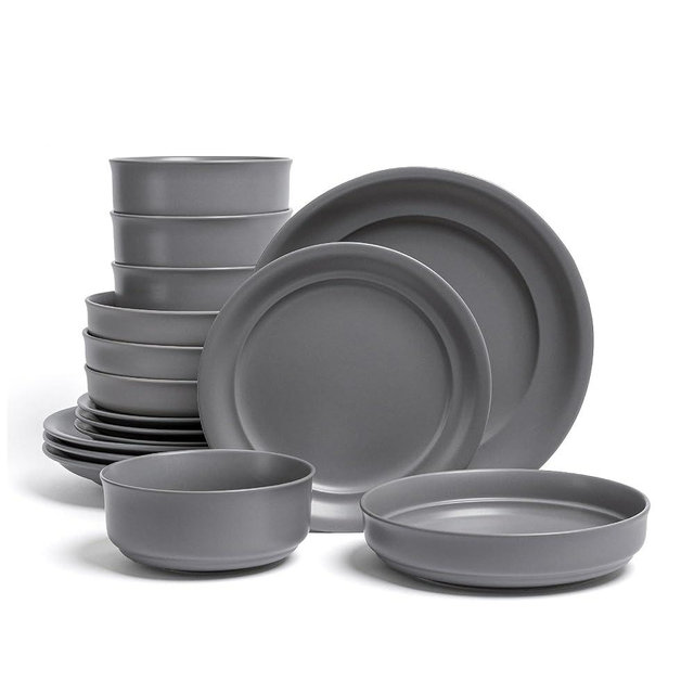 over&back Rim Dinnerware Set - Stoneware Dishes - Comes with 4 Dinner Plates, Salad Plates, Cereal Bowls, and Dinner Bowls - 16-Piece All-Occasion Place Settings - Serves Four - Semi-Matte Charcoal