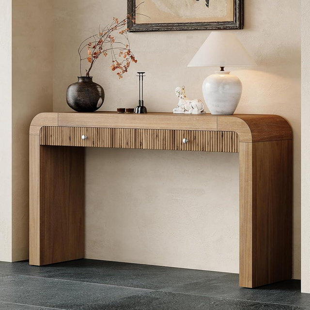LyuHome Rustic Console Table with Fluted Drawer Front, Entryway Table with Curved Corners & Thick Legs, Sturdy Console Table for Hallway & Living Room (Natural)