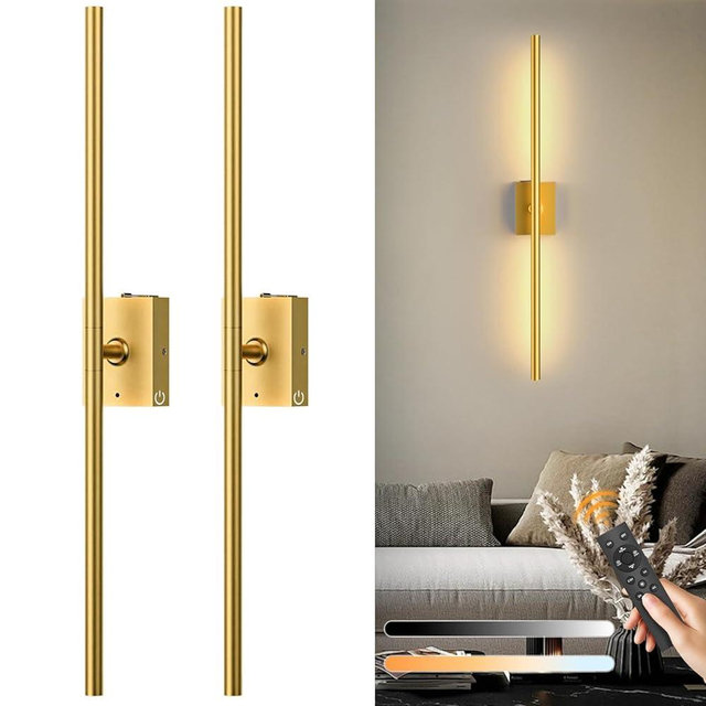 Eneru Battery Operated Wall Sconce Lights - 10000mAh Rechargeable Wireless Wall Sconces Set of Two with Touch and Remote, 360° Rotate, 4 Colors LED Wall Lamp for Living Room Bedroom Hallway (Gold)