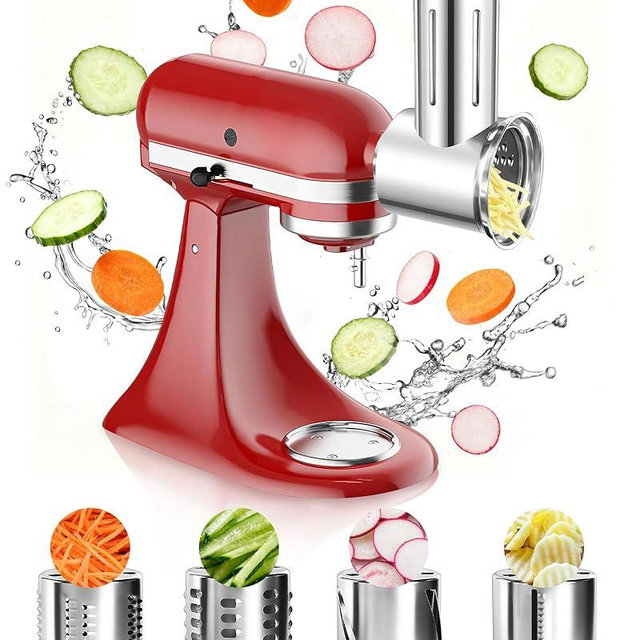 Latest Large Stainless Steel Slicer Shredder Attachment for KitchenAid Stand Mixers,Dishwasher Safe Vegetable Cheese Grater for KitchenAid Mixer Attachments,4 Cutting Blades,Time-Saving Salad Maker