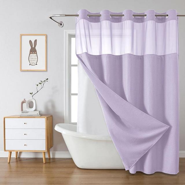 eachope Lavender Long No Hook Waffle Weave Shower Curtain with snap-in Liner Replacement, 230GSM Waterproof Fabric Hotel Shower Curtain Set for Bathroom, Through Mesh Top Window,71Wx80H