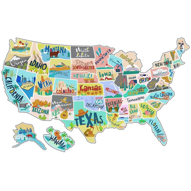 RV State Sticker Travel Map - 17 x 11 inch Large USA Decal with 50 Waterproof USA Stickers - Non-Fade Door, Window, Wall RV Decals - Fun Visited Map for Camper, Motorhome, Trailer (Pastel)