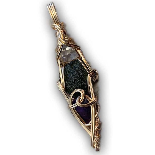 Moldavite Crystal with Herkimer Diamond Sugilite Necklace Pendant - 14K Gold Filled VERY high vibration combination Czech Republic Tektite Healing Trio (Moldavite Herkimer Sugilite, gold-filled)