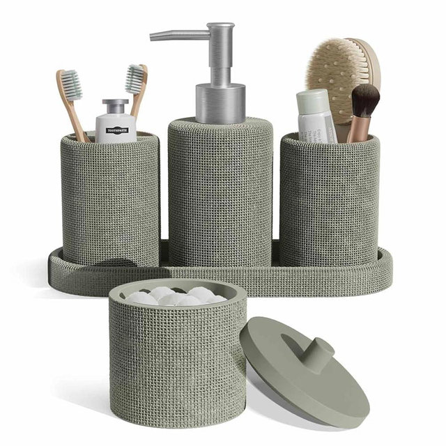 Clara Clark Bathroom Set - Sage Green Bathroom Accessories Set, 5PC Bathroom Accessory Set, Bathroom Sets with Soap Dispenser, Toothbrush Holder, Tumbler, Cotton Swab Jar & Vanity Tray