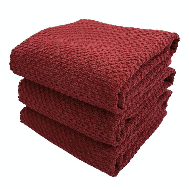 Maroon Dark Red Brick Red Kitchen Hand Dish Towels: Oversized 28" x 18",100% Cotton Cloth Soft Cleaning Drying Absorbent Textured Design, Set of 3 Multipurpose for Everyday Use (Brick Red)