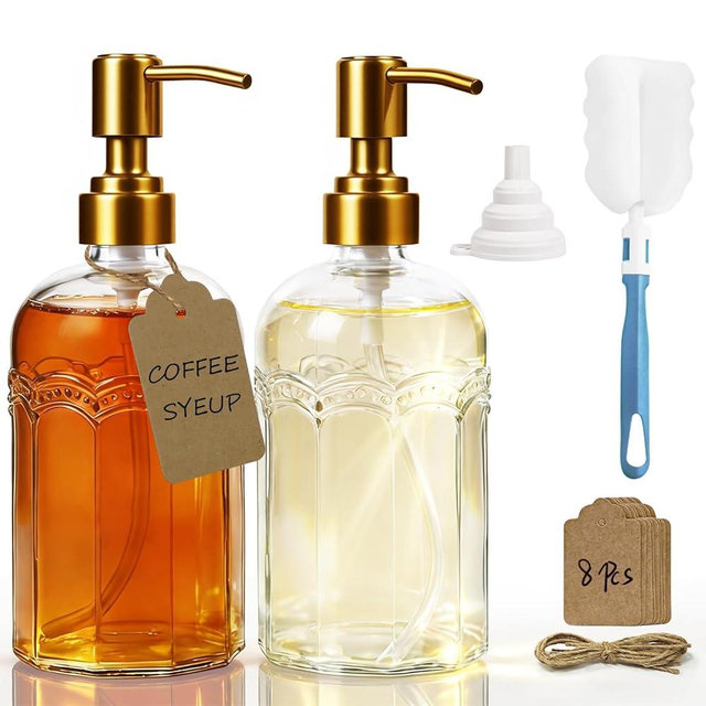 EJGIEGSO Coffee Syrup Dispenser Set of 2, 13.5 oz (400ml) Glass Bottles with Antique Bronze Stainless Steel Pump, Coffee Bar Syrup Pump Dispensers with Funnel, Cleaning Tools & Tags