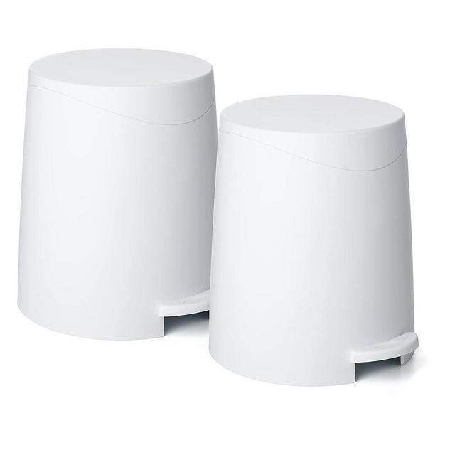 Superio Mini Bathroom Trash Can with Lid 3 Liter, Plastic Waste Bin 0.75 Gallon, Modern Flat Lid Step On Trash Can with Foot Pedal, for Bathroom, Bedroom, Office, Under Desk, Soft Close (2, White)