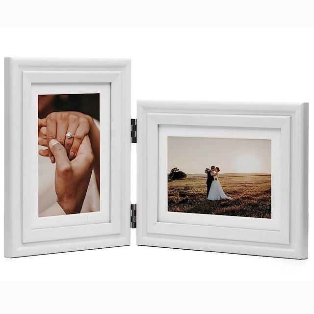 WISADD Vertical & Horizontal 5X7 Picture Frames Double Hinged Wood Folding Photo Frames with Real Glass Front Fit for Desktop or Tabletop Display Pictures 4x6 with Mat or 5x7 Without Mat, White XBAI-V57-H75