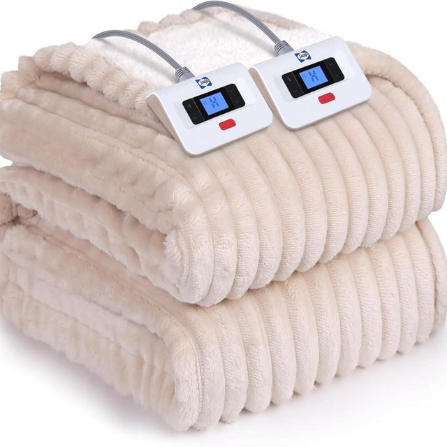 Sealy Electric Blanket Queen Size, Soft Ribbed Flannel to Sherpa Reversible Heated Blanket with Dual Control 10 Heat Settings & 1 to 12 Hours Auto-Off 84"x90" Machine Washable, Beige