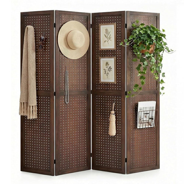 Pegboard Display, 5.6Ft Wooden Room Divider Folding Privacy Screens Portable Freestanding Wall Organizer for Retail Craft Art Display Board (4panels, Dark Brown)