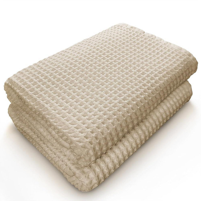 Softerry European Waffle Weave Bath Towel Set - 100% Organic Cotton - Quick Dry Lint Free Thin and Absorbent - Fade Resistant - Eco-Friendly (Set of 2 Bath, Natural)