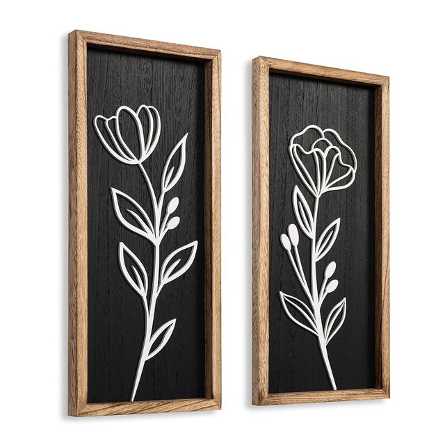 3D Vintage Black Living Room Decor (Set of 2) Lightweight, Wooden Ready-to-Hang Framed Moody Floral Wall Art for Bathroom, Bedroom or Office - Dark Textured Boho Farmhouse Wall Decor - Gift-Boxed