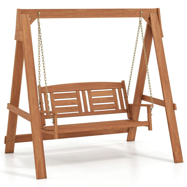 Gymax 2-Seater Porch Swing w/ Stand Adjustable Chains Built-in Backrest & Armrests