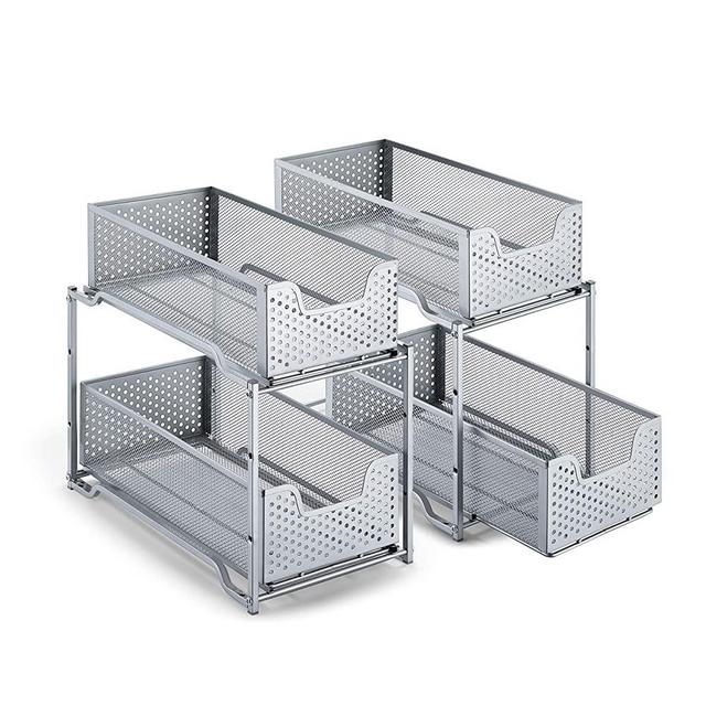2 Pack - Simple Trending Stackable 2-Tier Under Sink Cabinet Organizer with Sliding Storage Drawer, Silver