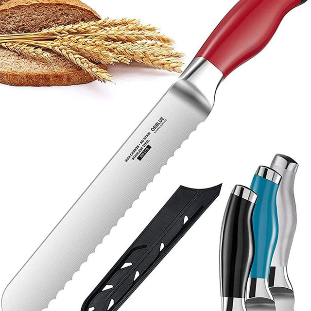 Orblue Serrated Bread Knife Ultra-Sharp Stainless Steel Professional Grade Bread Cutter - Cuts Thick Loaves Effortlessly - (8-Inch Blade with 5-Inch Handle), Red