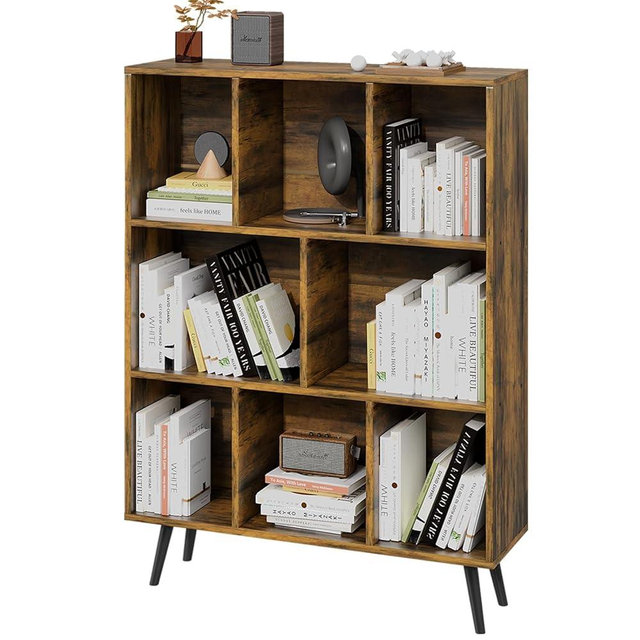 GRUSIGN 8 Cube Shelf, 3-Tier Open Bookshelf with Legs, Floor Standing Office Bookshelf, Wooden Bookcase for Office Furniture, Cubby Storage Organizer for Living Room/Bedroom/Home Office, Brown