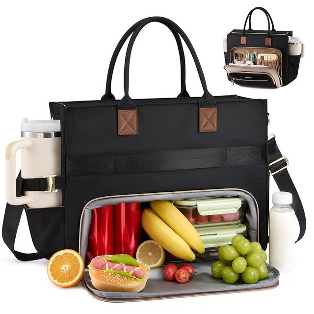 LOVEVOOK Insulated Lunch Bag,2-in-1 Work Tote Bag with Lunch Compartment,Large Capacity Professional Work Bag for Women,15.6 Inch Laptop Bag with Cup Holder for Teacher,Nurse,College,Office,Travel
