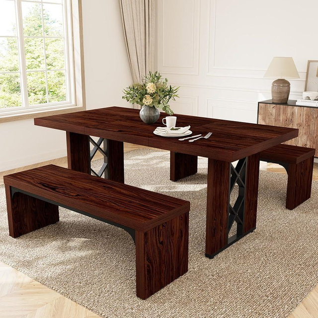 HIPIHOM 3-Piece Dining Table Set for 6 People, 70.8'' Rectangle Kitchen Table with 2 Benches for Breakfast Nook, Dining Room Furniture(Walnut Table+2 Benches)