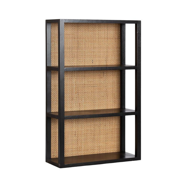 Kate and Laurel Ori Wooden Boho Three-Tier Wall Shelf, 19 x 8 x 30, Black and Natural Rattan, Modern Small Bookshelf with Three Tiers for Use as Living Room Display or Over The Toilet Storage