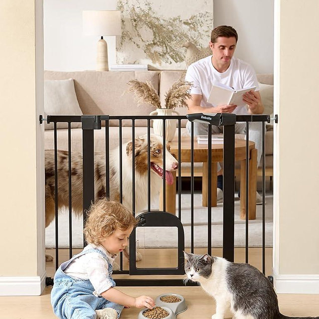 Babelio 36" Tall Upgraded Baby Gate with Cat Door,29-43" Auto Close Durable Dog Gate for Stairs,Doorways and House,Easy Walk Thru,Includes 4 Wall Cups,Black