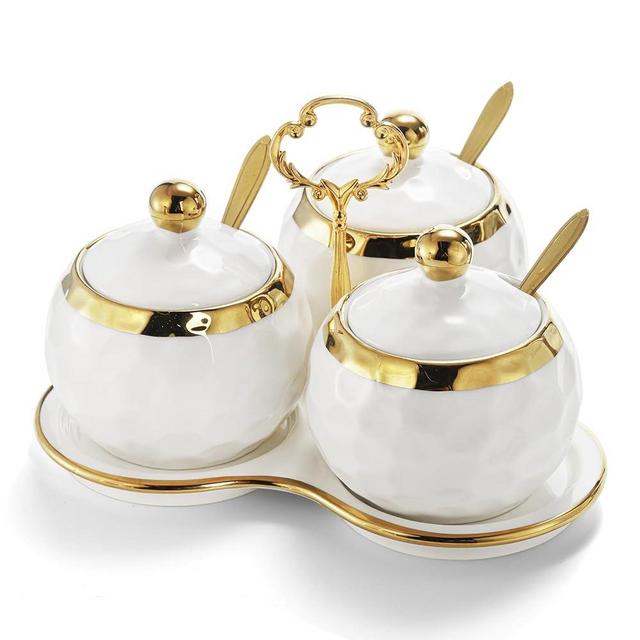 Foraineam Porcelain Condiment Pot Sugar Bowl Spice Jars with Lid, Spoon and Tray, Salt Container Spice Box Seasoning Pots, White Sugar Salt Bowls Set for Kitchen, Restaurant, Coffee Bar, Set of 3