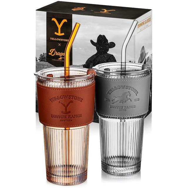Dragon Glassware x Yellowstone Drinking Glasses - 16 oz Glass Cups with Lids and Straws Set of 2 - Yellowstone Cup Set with Straws & Lids - Reusable Sipper Tumbler