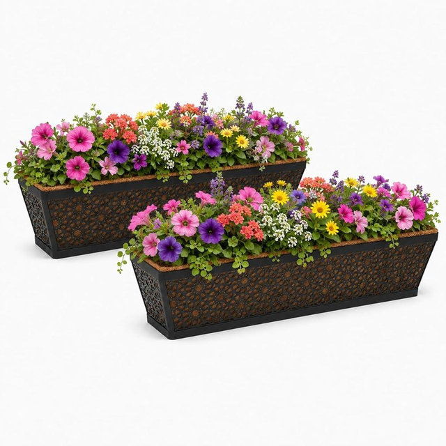 Halatool Railing Deck Balcony Planter Window Boxes, 2 Pack 30 Inch Metal Heavy Duty Planter Boxes with Coco Liner for Windowsill Fence Porch Patio Lawn Outdoor