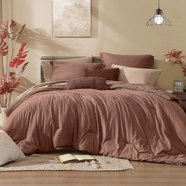 Monbix California King Comforter Set - 7 Pieces Cationic Dyeing Terracotta Bed in a Bag Cal King Bed Sets with Comforter, Sheets, Pillowcases & Shams, Reversible Bedding Comforters Sets (108 * 92)