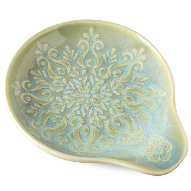 Howise Farmhouse Ceramic Spoon Rests Holder for Kitchen Counter Stove Top (Green-A3)