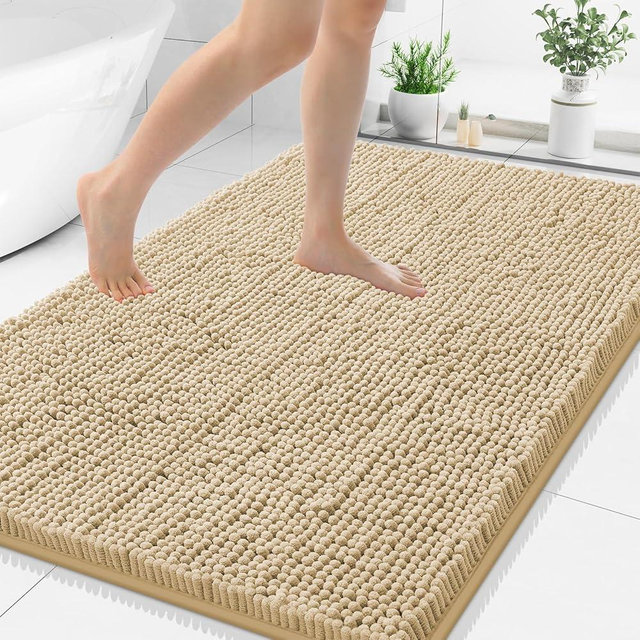 Smiry Luxury Chenille Bathroom Rugs 48x32, Extra Soft and Absorbent Shaggy Bath Mat, Machine Washable, Non-Slip Plush Carpet Runner for Tub, Shower, and Floor, Home Decor Accessories, Beige