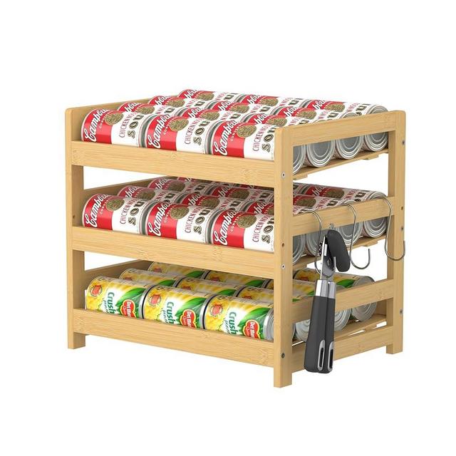OCPO HOME Bamboo Rolling Can Organizer for Pantry, Stackable 3 Tier Canned Food Storage Rack for Kitchen Can Storage Organizer Set with Can Opener & Hooks for Cabinet & Countertop, Holds up to 36 Cans
