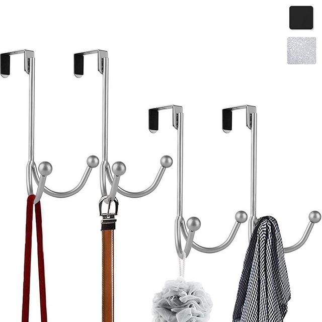 4Packs Over The Door Double Hanger Hooks,HFHOME Metal Twin Hooks Organizer for Hanging Coats, Hats, Robes, Towels- Silver