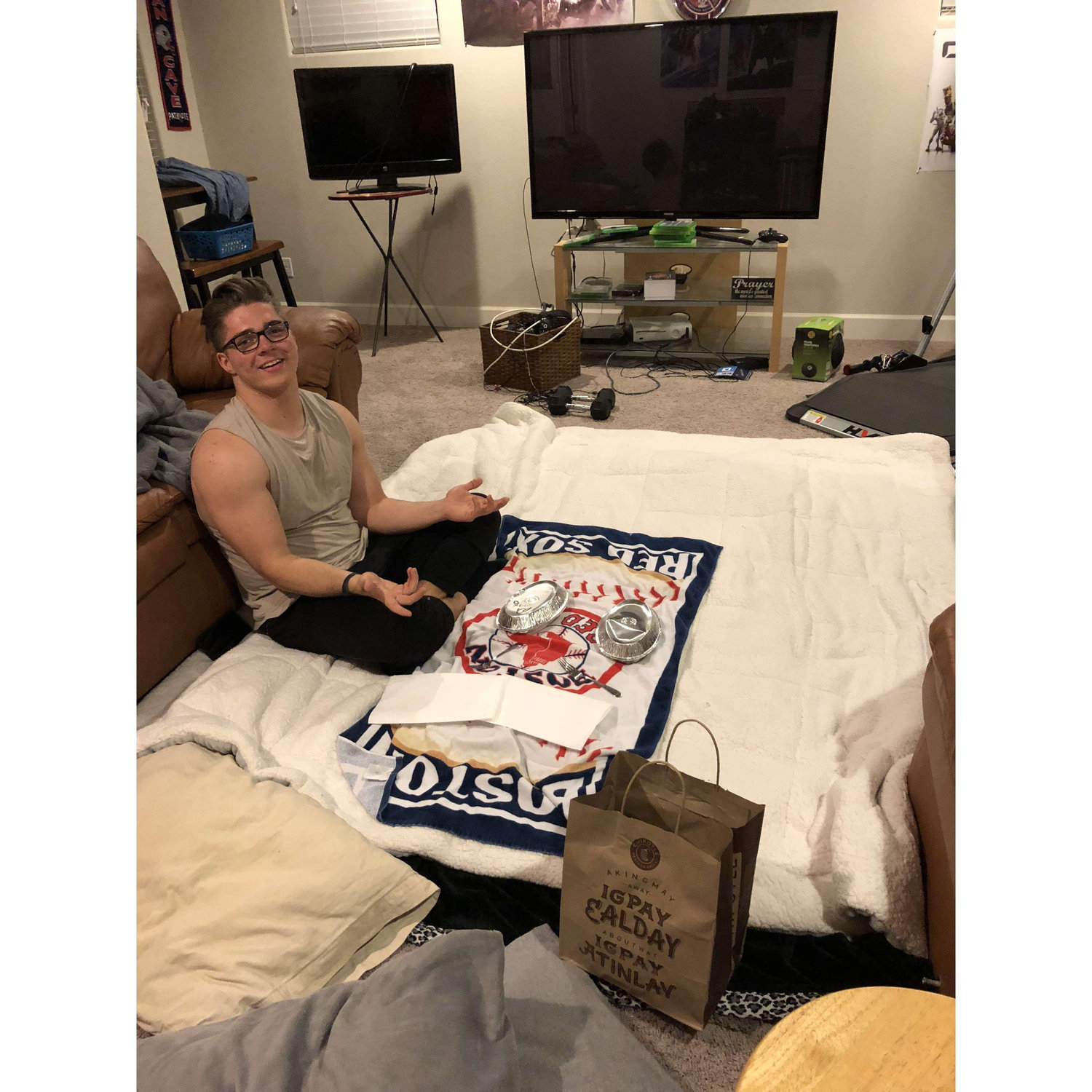 Some of our favorite dates are eating on the floor. This day brian and I went to a full day of school, went to work and then met up for a chipotle date at his house!
