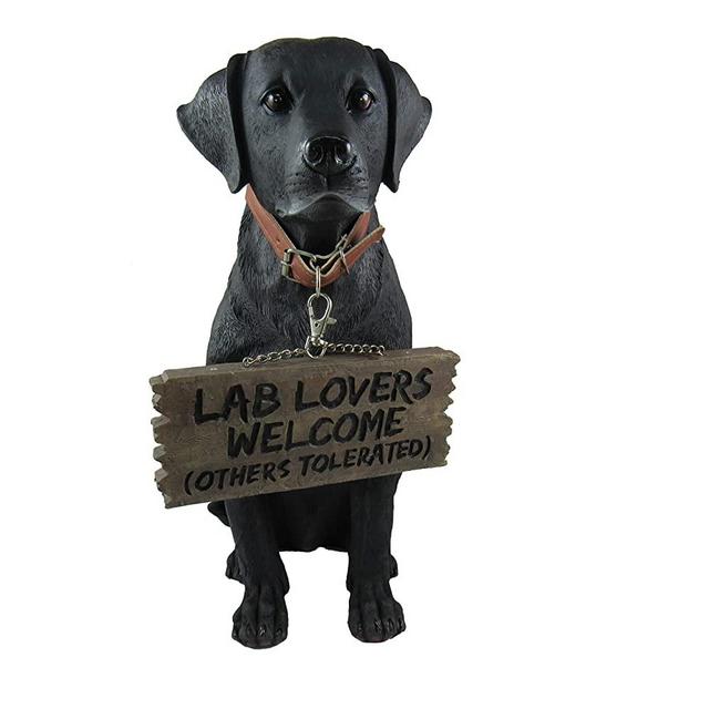 DWK - Bela - Black Labrador Retriever Indoor Outdoor Dog Statue with Reversible Sign Lab Lovers Welcome/Don't Stop Retrievin' Garden Patio Accessory Home Decor Accent, 13-inch…