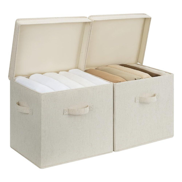 StorageWorks Storage Bins with Lid, Decorative Fabric Storage Bins with Handles, Stackable Closet Organizers for Shelves and Bedroom, Large, Beige(Natural Fabric), 2-Pack